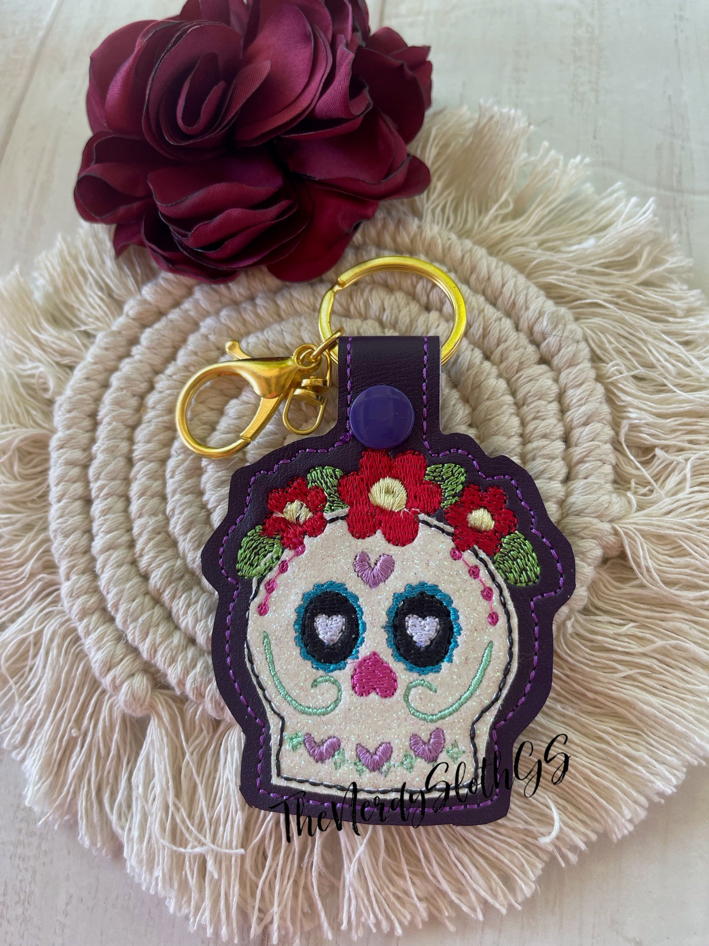 Sugar Skull Red Floral Keychain